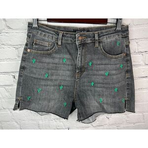 Judy Blue Cactus Embroidered‎ Raw Hem High Waist Shorts Grey Denim Size Large